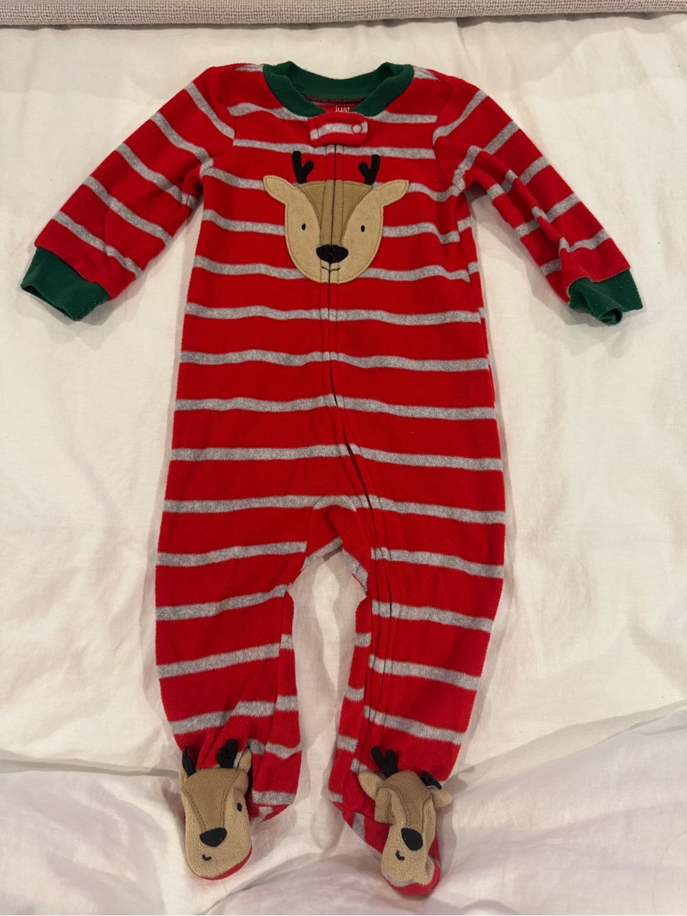 Carter's Red and Green Striped Reindeer Footed One-Piece